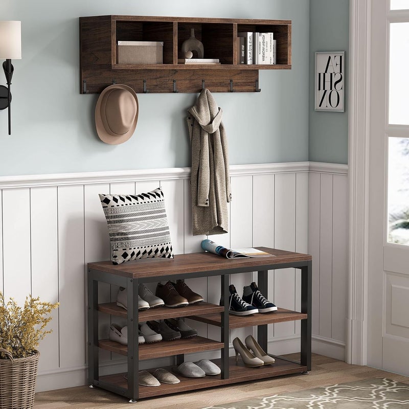 Tribesigns Industrial [Shoe] [Rack] [Bench] with Coat [Rack] Set with Hall Tree, 3 Storage Cubbies, 7 Hooks for Entryway, Hallway, 5-in-1Design, Rustic Brown - Image 3